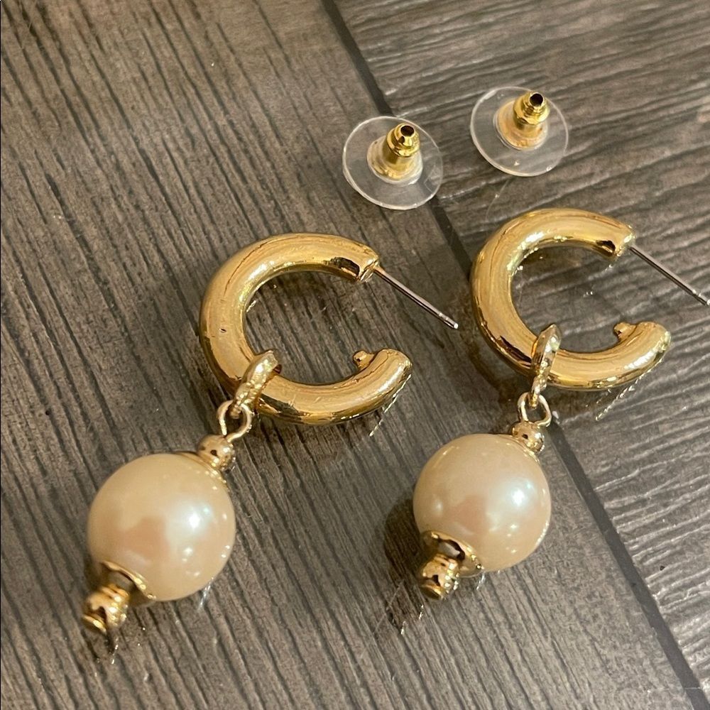 Vintage Gold-tone Hoops with Faux Pearl Charms- Drops - Picture 2 of 16